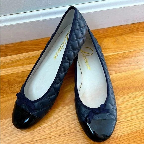 Delman Quilted Leather Ballet Flats in Navy Blue cap toe - Picture 3 of 12